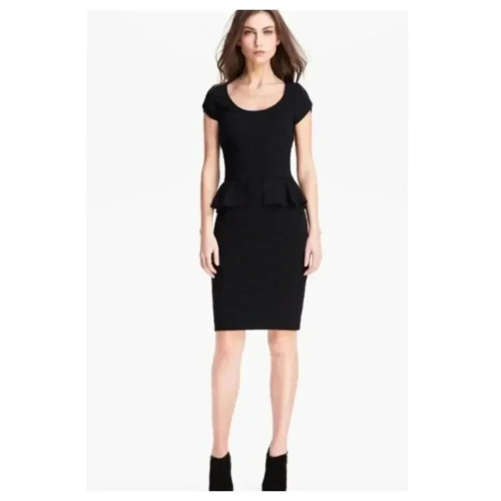 REBECCA TAYLOR Black Peplum Ponte Cap Sleeve Dress Size 0 Knee Length Career
